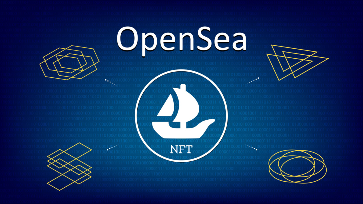 OpenSea text and logo internet platform NFT token market and auction on digital blue background. New trend in collectibles sales. Banner for news and media. Vector illustration.