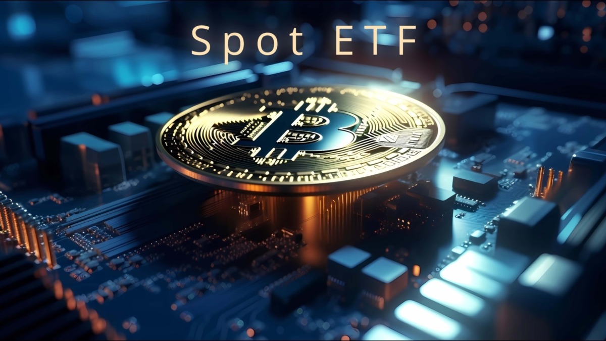 Bitcoin coin with SPOT ETF text captions on top, concept the digital money fund, Generative AI illustrations.