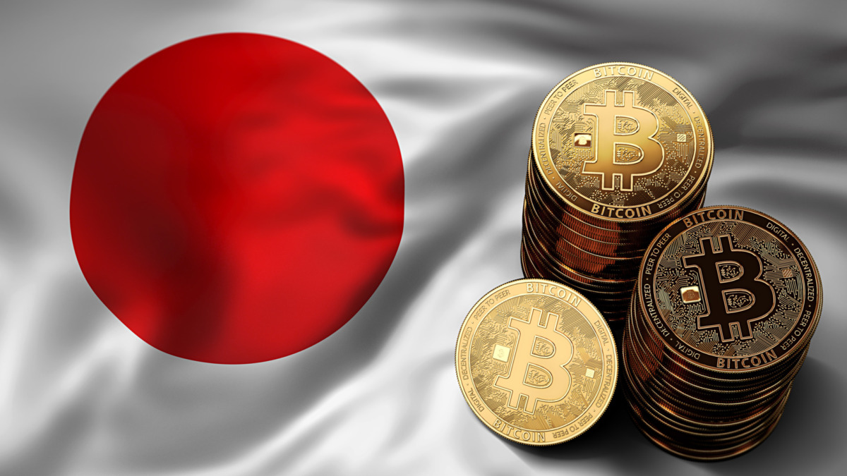 Stack of Bitcoin coins on Japanese flag. Situation of Bitcoin and other cryptocurrencies in Japan concept. 3D Rendering