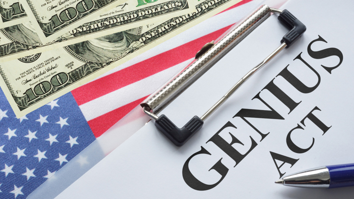 GENIUS Act - US Legislative Bill to Regulate Stablecoins is shown using a text and flag of USA