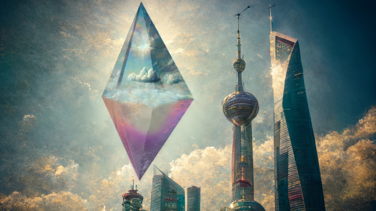 Pectra ethereum, dencun upgrade in the sky over the town. Ethereum dencun Shapella Shanghai update cancun-deneb, next stop after the merge. Illustration with AI contribution.