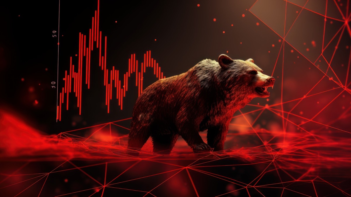 Bear bearish divergence in stock market and crypto currency trading, Bear with red graph background. Generative Ai