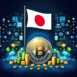 Bitcoin, the Japan flag, and global elements highlight the international impact and growing significance of cryptocurrency