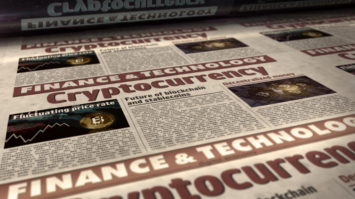 Cryptocurrency, bitcoin, blockchain and digital money. Newspaper print. Vintage press abstract concept. Retro 3d rendering illustration.