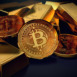 Bitcoin and gold bars - Three bitcoins lying together with ingots of gold in dark room. Price and value concept. 3d render illustration.