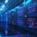 Rows of illuminated servers dedicated to Bitcoin mining operations in a dark data center corridor, showcasing blockchain technology.