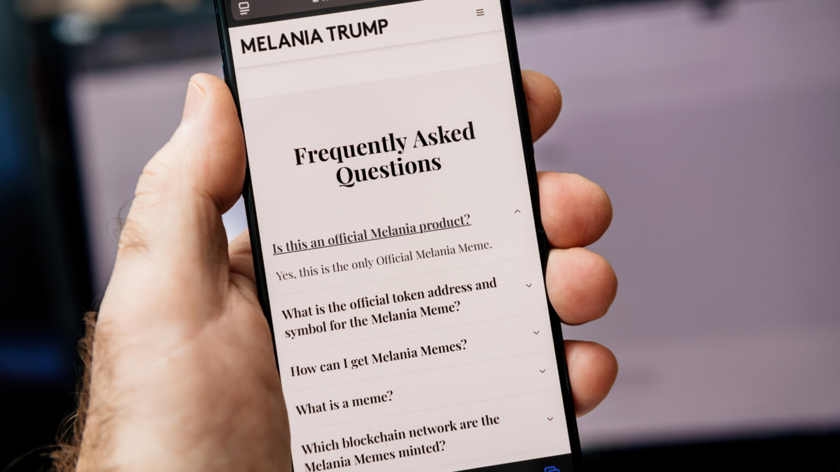 Paris, France - Jan 20, 2025: A smartphone screen displays the official Melania Meme FAQ page, featuring answers about products, tokens, and blockchain details.