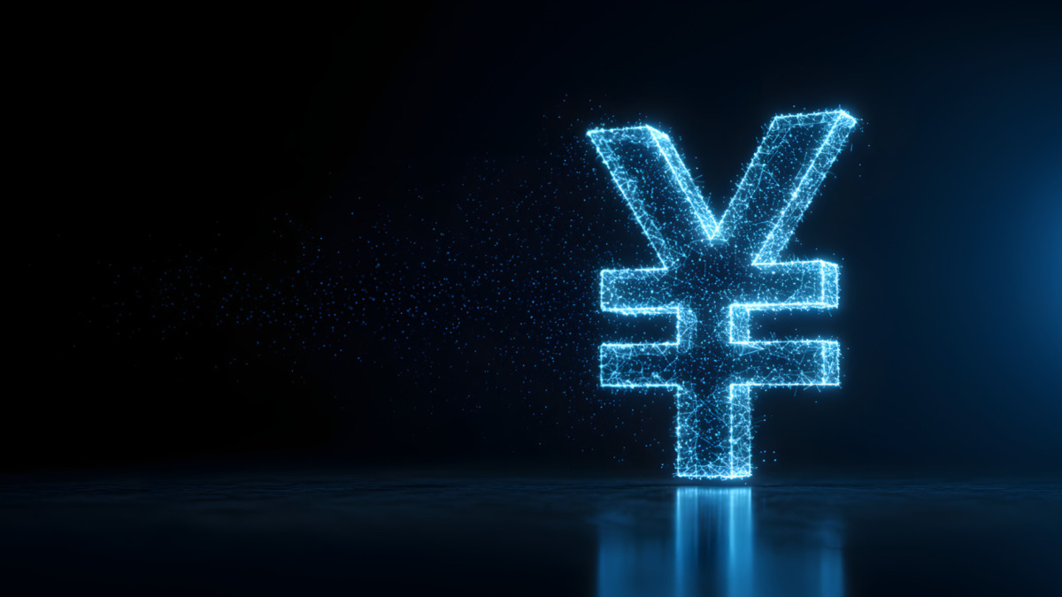 Japanese Yen Sign Made of Particles on Dark Blue Background – Stable Coin Concept