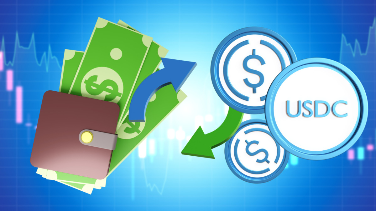 USDC buying and selling. Exchange fiat money for USDC. Dollar investment in cryptocurrency. Buying USDC on cryptocurrency exchanges. USD coin and wallet on blue. Buying stablecoins. 3d image.