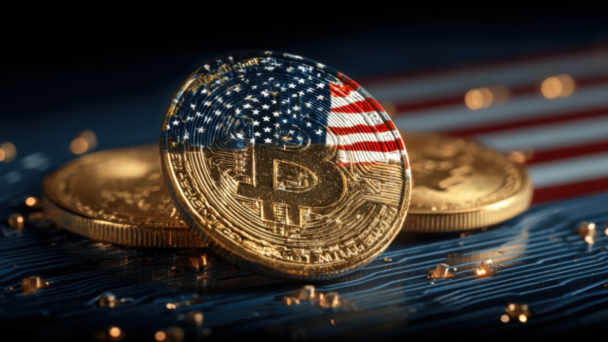 Bitcoin Cryptocurrency with American Flag Overlay, Symbolizing Digital Finance and National Economy in the United States