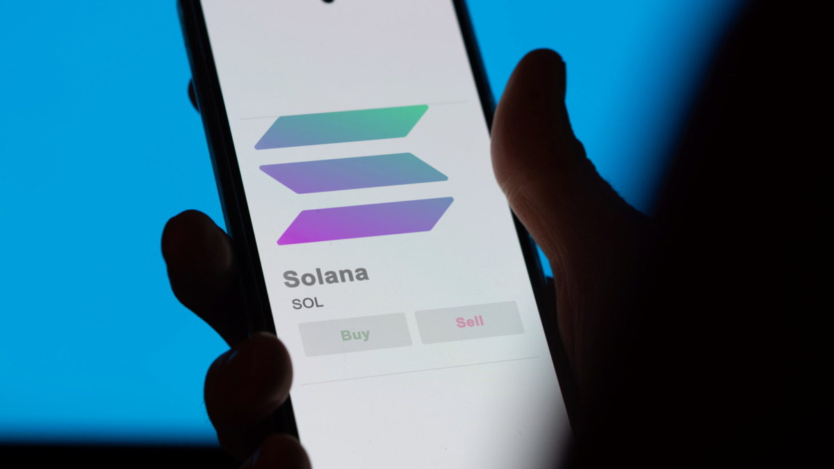 Solana on the screen of an exchange. SOL solana price stocks, $SOL on a device.