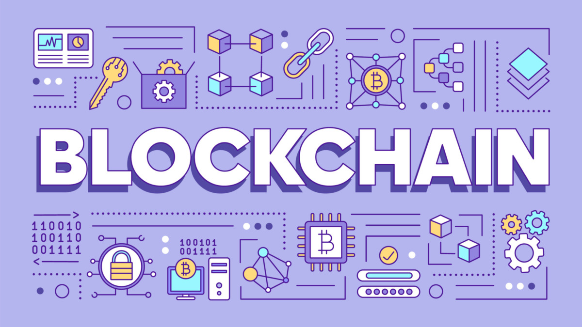 Blockchain technology word concepts banner. Virtual currency mining. Cryptocurrency server. Presentation, website. Isolated lettering typography idea with linear icons. Vector outline illustration