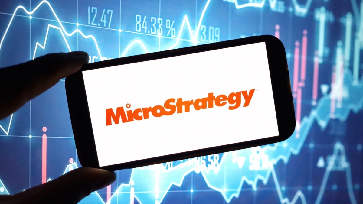 MicroStrategy company logo displayed on mobile phone