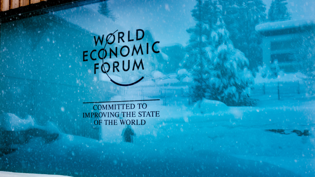 DAVOS, SWITZERLAND - JANUARY 13, 2019 : Emblem of the annual World Economic Forum in Davos, Switzerland.