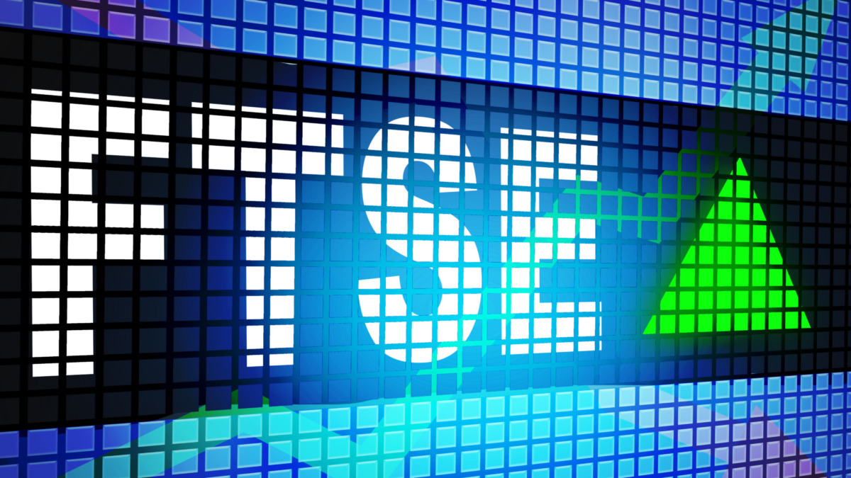 Financial Times Stock Exchange FTSE on the display banner with green arrow up, 3d rendering