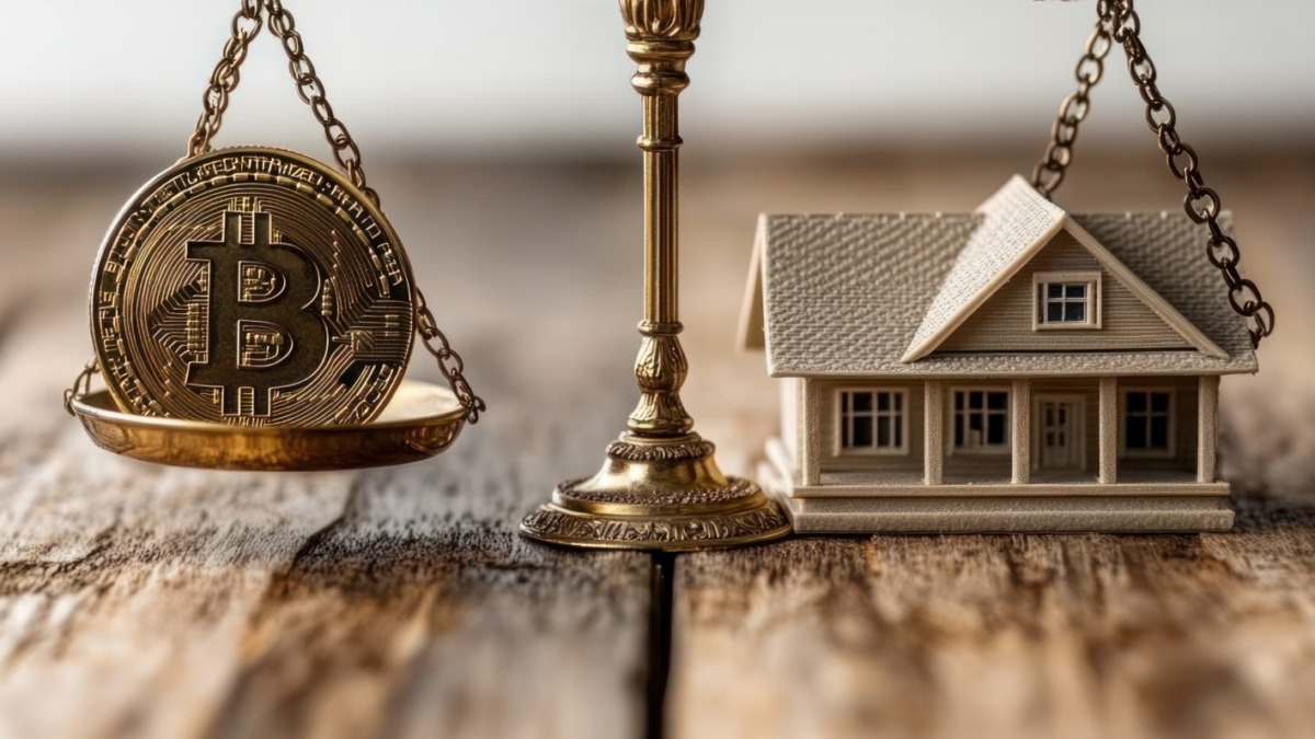 An elegant golden balance scale sits in sharp focus against a bright, seamless background. On one end, a neatly stacked pile of Bitcoins shines; on the other, a sleek house model contrasts the wealth. Captured with Nikon D850, 50mm Lens, Aperture f/2.2, Shutter speed 1/500 sec, ISO 200 --chaos 60 --ar 12:5 --raw --stylize 750 --v 6.1 Job ID: 4d1557bc-14de-41a9-bc3b-dd1cc1f6b08f