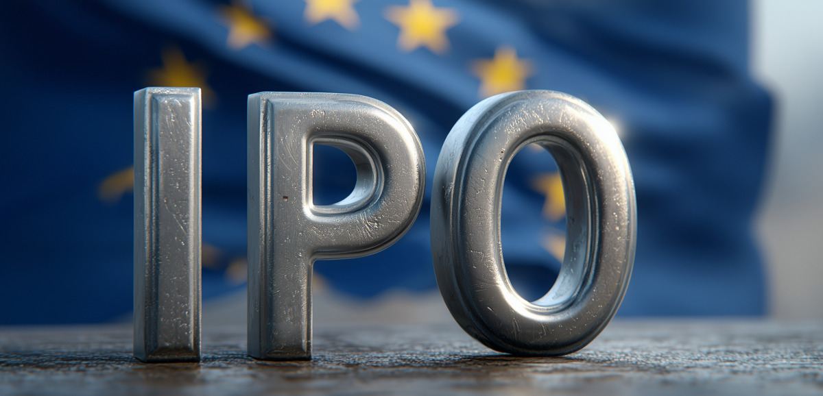 IPO in Europe: A macro shot highlights the letters IPO positioned prominently against a blurred backdrop featuring the flag of Europe.