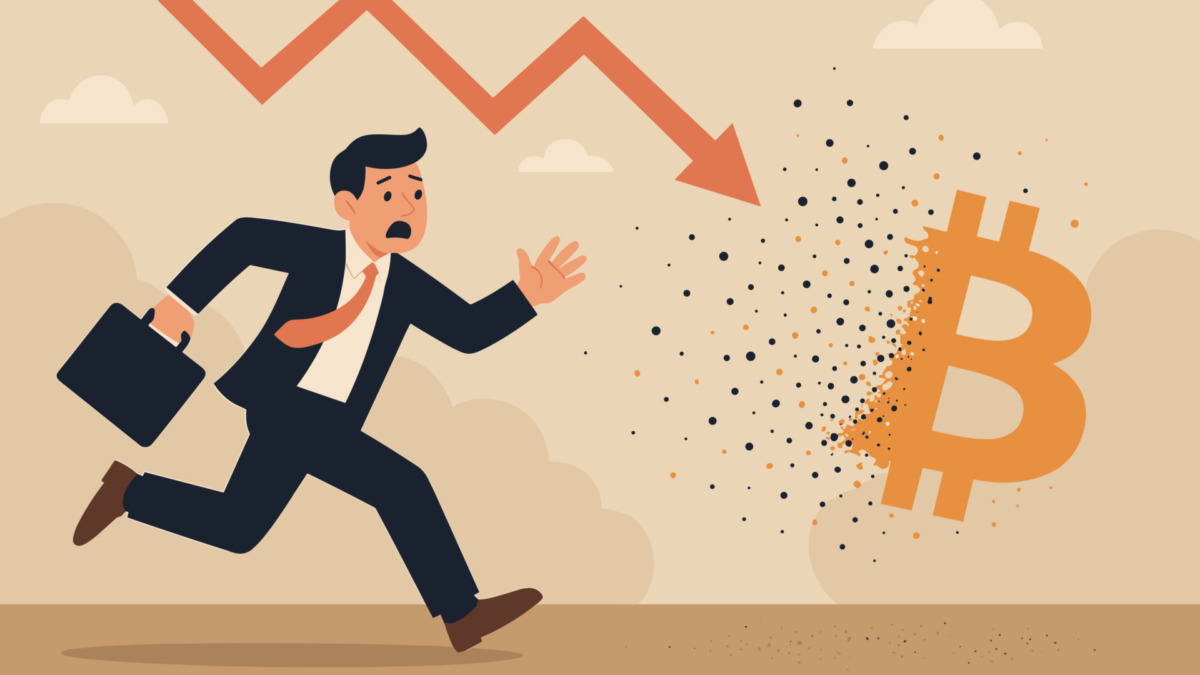 Bitcoin crash concept. Panicked businessman flees crumbling crypto symbol. Financial crisis, market volatility illustration. Cryptocurrency investment risk, red arrow down, digital money failure.