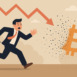 Bitcoin crash concept. Panicked businessman flees crumbling crypto symbol. Financial crisis, market volatility illustration. Cryptocurrency investment risk, red arrow down, digital money failure.