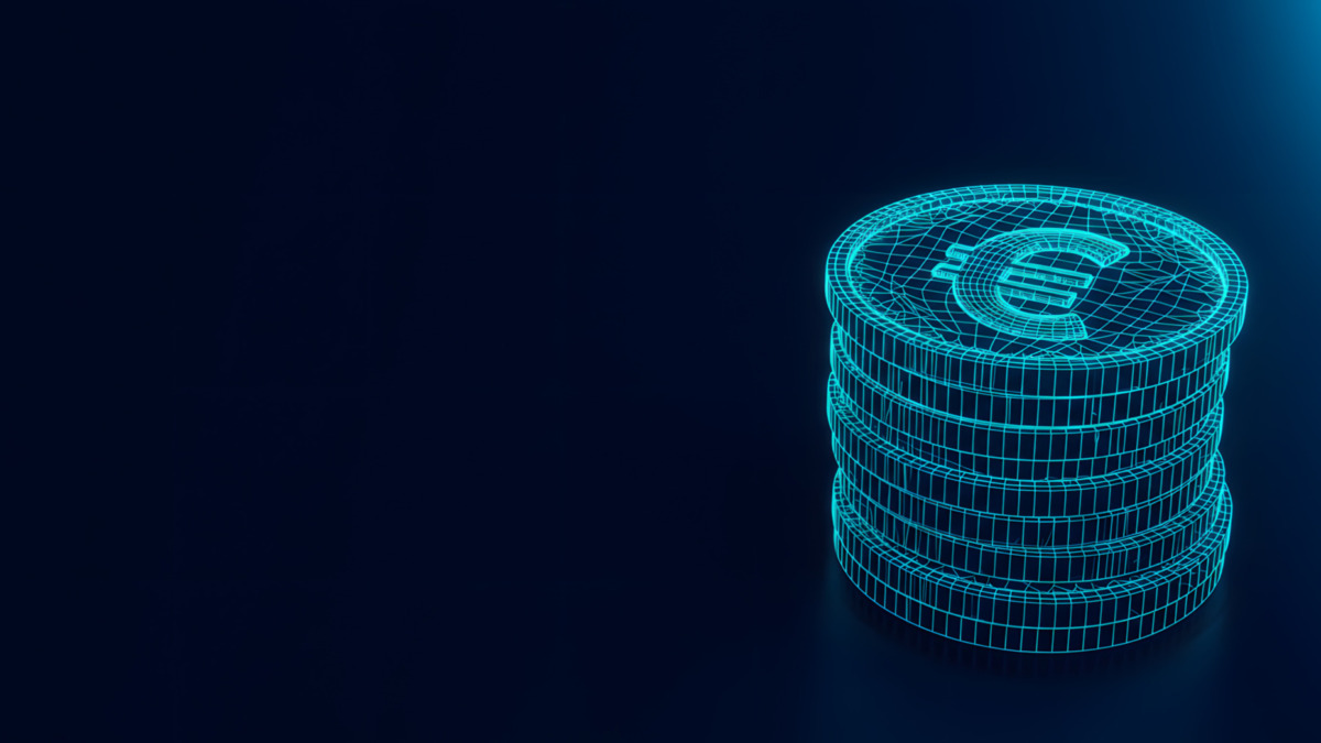 Stacked digital euro coins in neon blue against dark background
