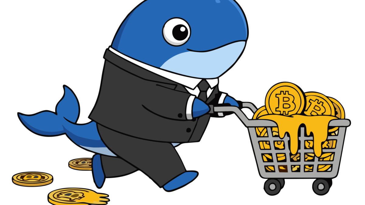 Cartoon Whale in Suit Pushing Shopping Cart Full of Bitcoin.