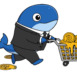 Cartoon Whale in Suit Pushing Shopping Cart Full of Bitcoin.