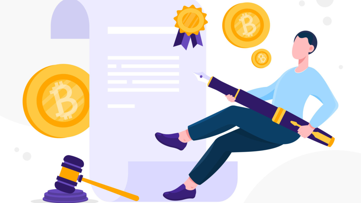 Legislation cryptocurrency concept. Men conclude contract online, lines of code and reliability. Future technologies, digital world. Jurisprudence and law, notary. Cartoon flat vector illustration