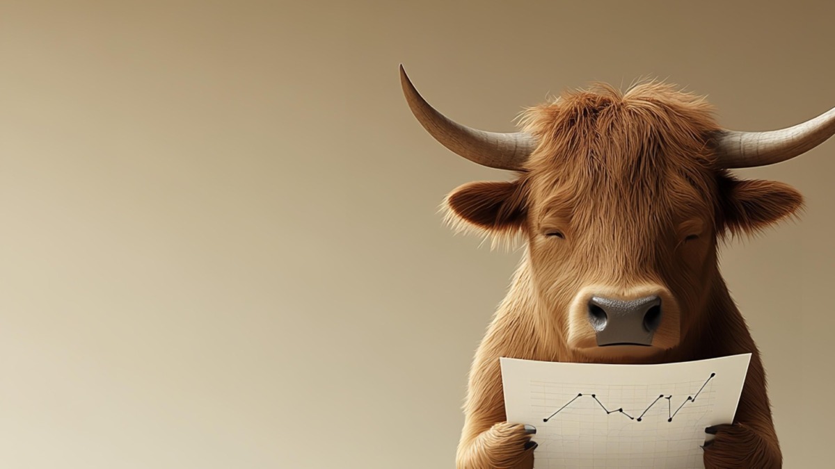 Cute Bull Market, bull reading stock market report illustration with copy space
