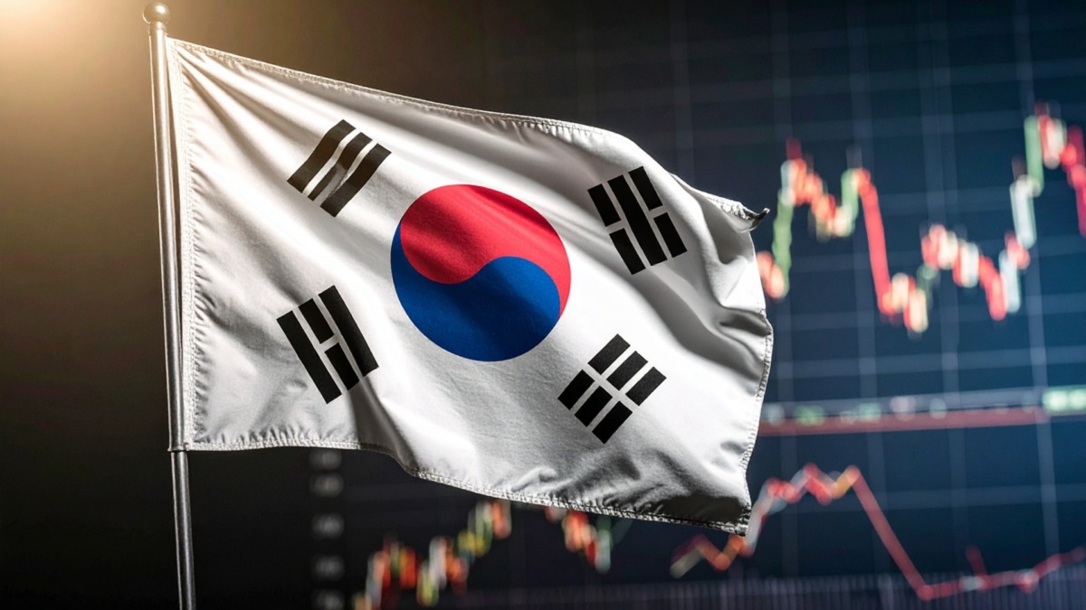 A South Korean flag fluttering in the wind against a backdrop of stock market charts. The flag symbolizes the nation, and the charts suggest economic activity.