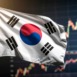 A South Korean flag fluttering in the wind against a backdrop of stock market charts. The flag symbolizes the nation, and the charts suggest economic activity.