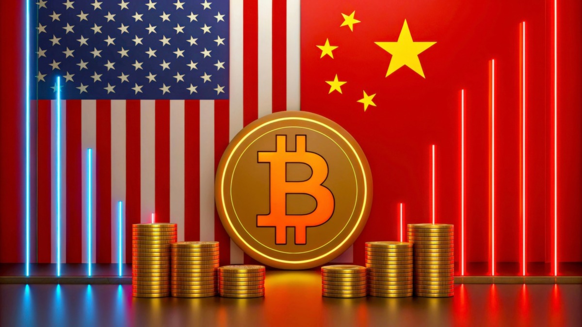 Visual displays Bitcoin symbol prominently in front of the US and China flags, representing the competition and collaboration in cryptocurrency markets and global finance.