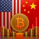 Visual displays Bitcoin symbol prominently in front of the US and China flags, representing the competition and collaboration in cryptocurrency markets and global finance.