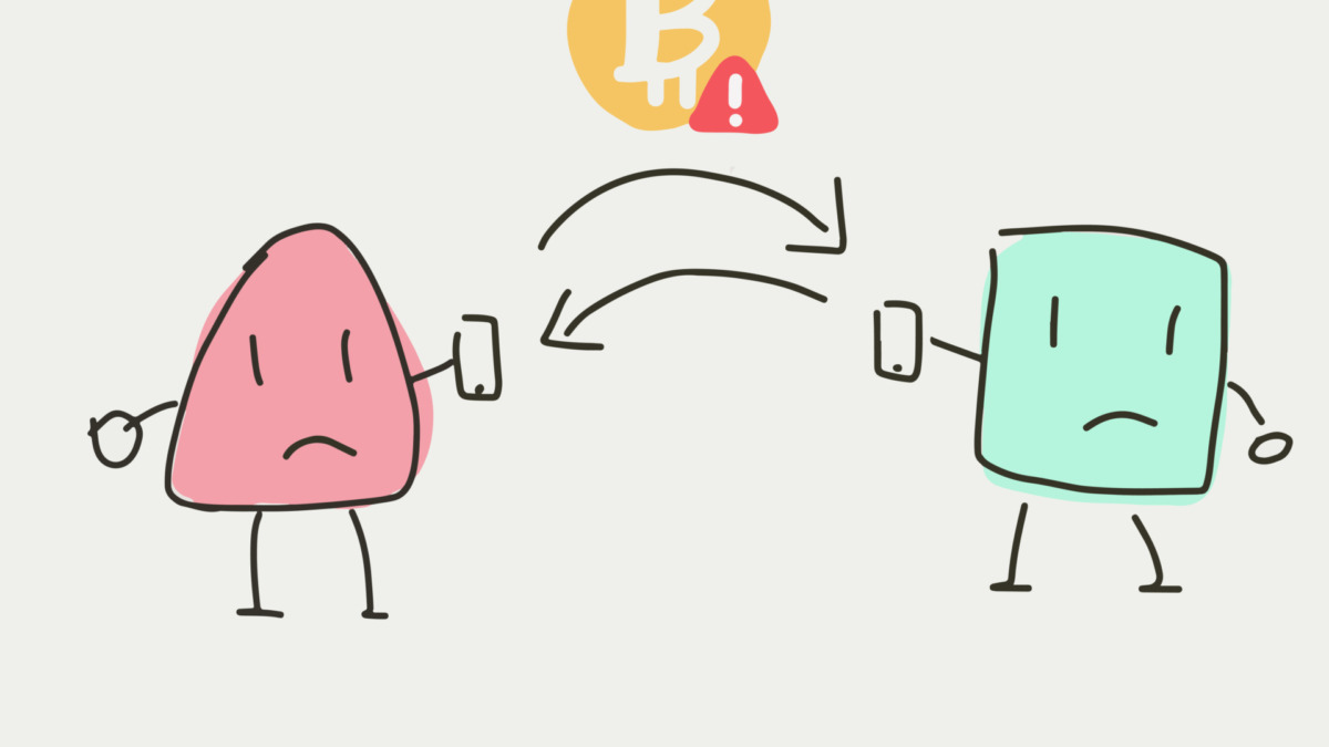Bitcoin exchange and payment in cartoon style, 2 character sending bitcoin via smart phone. The bitcoin transaction with problem and risks. The potential error of payment or transaction may happen