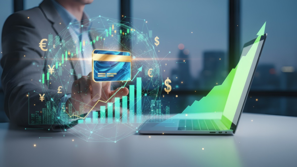 Man using credit card for online payment with digital banking icons on screen.