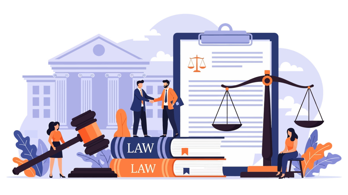 Flat vector illustration of courthouse, law books, legal contract, scales of justice, gavel, and business people shaking hands, symbolizing justice system, business law, governance, and legal services