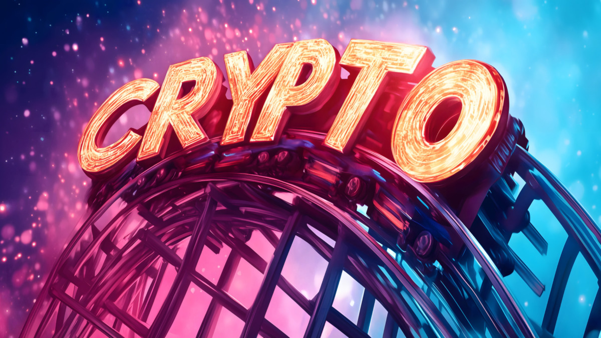 Crypto illuminated sign on a looping structure against a bright background