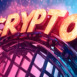 Crypto illuminated sign on a looping structure against a bright background