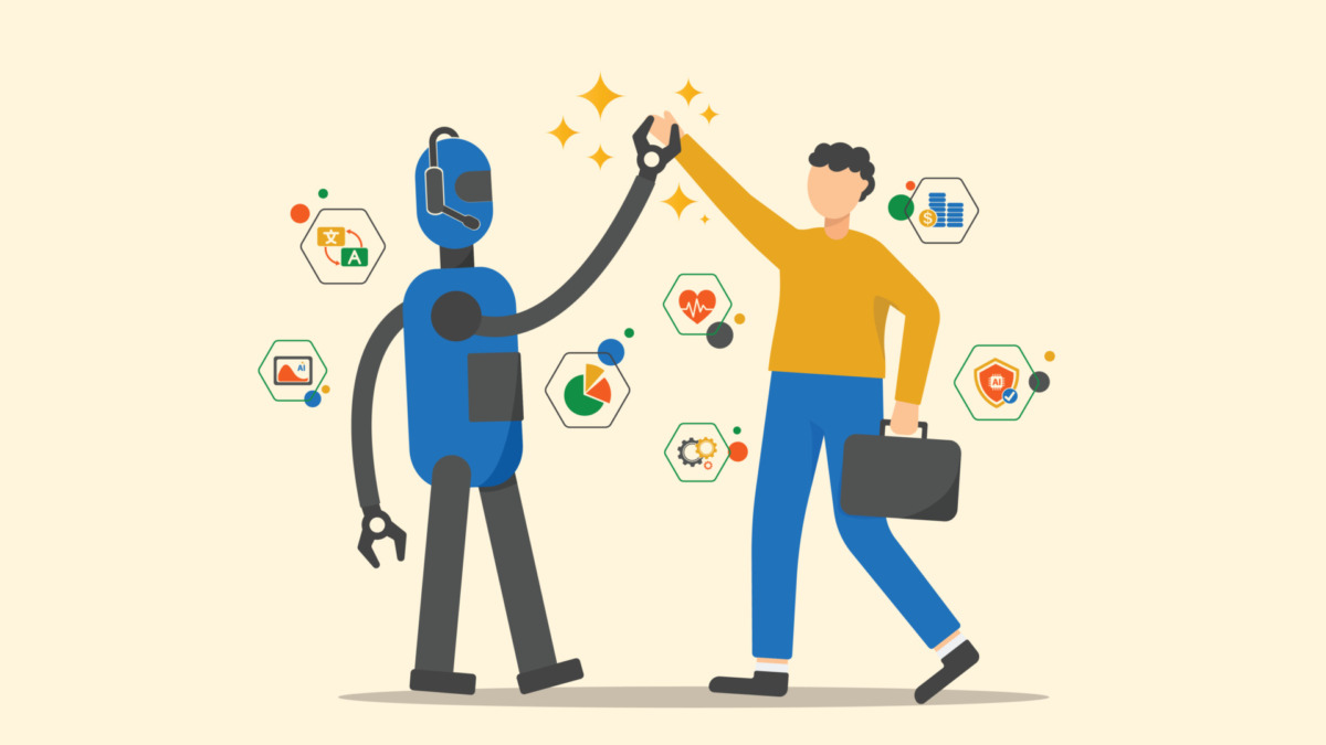 Ai generate concept. Artificial Intelligence assistant for graphic design, translate, chat bot, generate images,write code, advertising,law, customer analysis, security, healthcare, study with cartoon