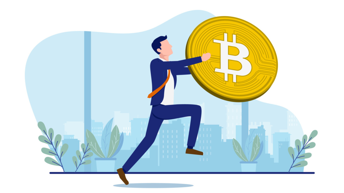 Businessman running away with bitcoin - Man in business wear hurrying with big coin. Institutions buying crypto currency quick concept. Vector illustration
