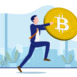 Businessman running away with bitcoin - Man in business wear hurrying with big coin. Institutions buying crypto currency quick concept. Vector illustration