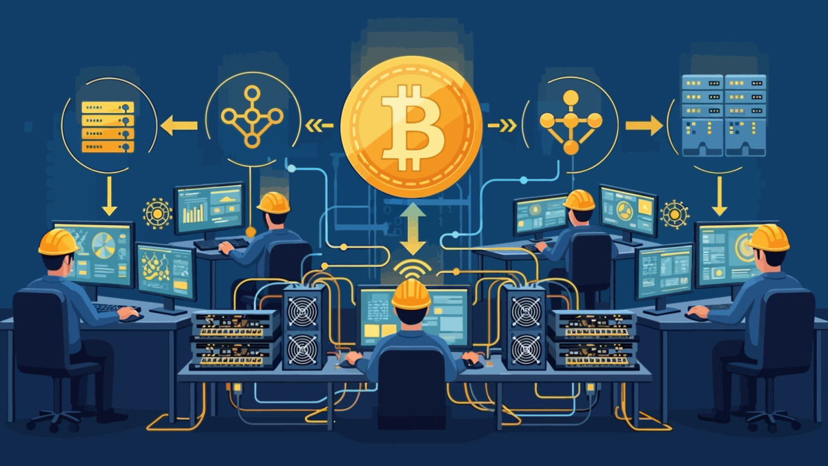 Bitcoin Network Operation Center Digital Currency Mining and Processing Illustration