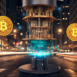 bitcoin and quantum computer in street city background. raise and fall bitcoin