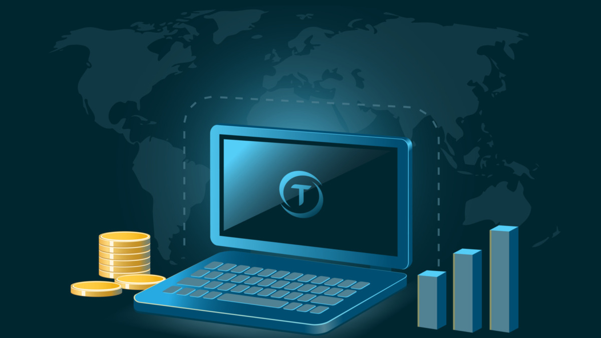 TrueUSD Cryptocurrency Coin Global Laptop Trade Background