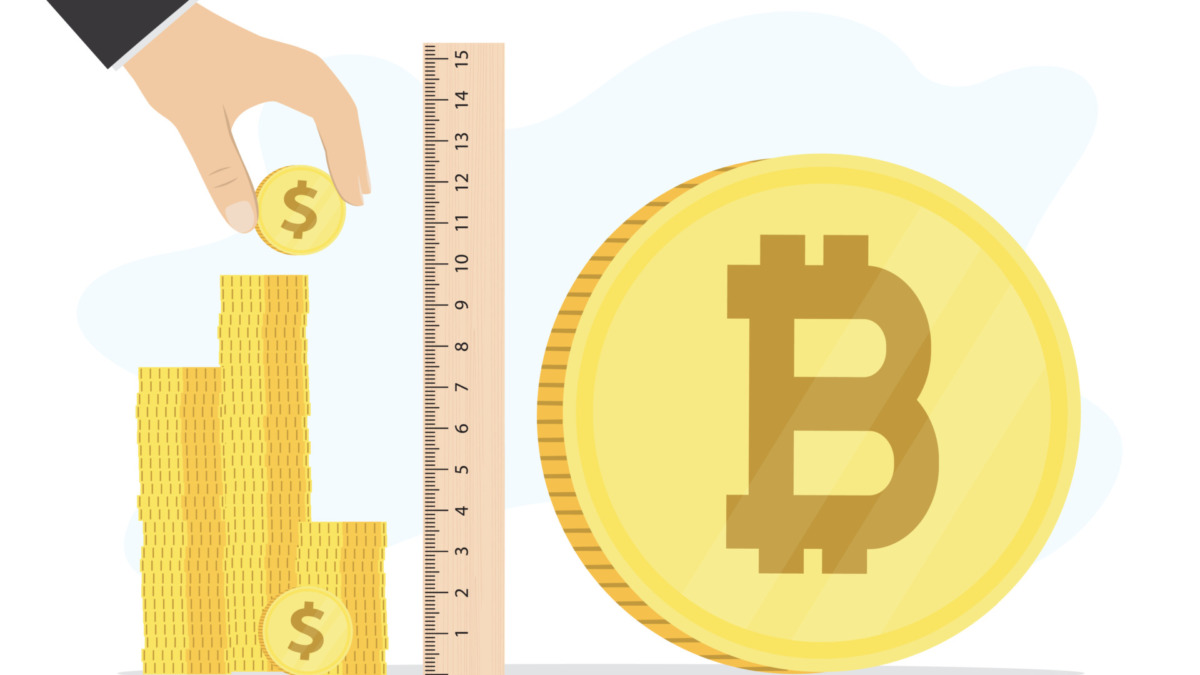 Bitcoin versus dollar currency. Ruler and measures level of crypto profit and income target from bitcoin investing. Financial planning, success strategy in blockchain.