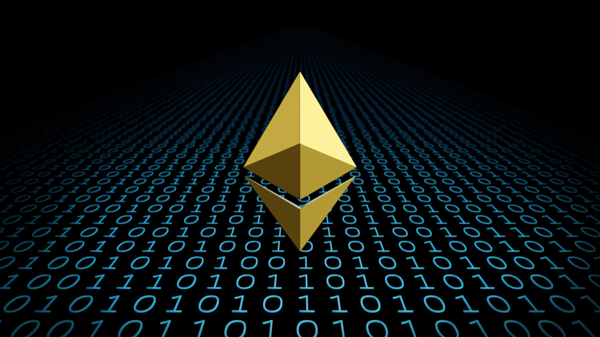 Golden Ethereum symbol surrounded by binary code. 3d illustration.