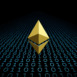 Golden Ethereum symbol surrounded by binary code. 3d illustration.