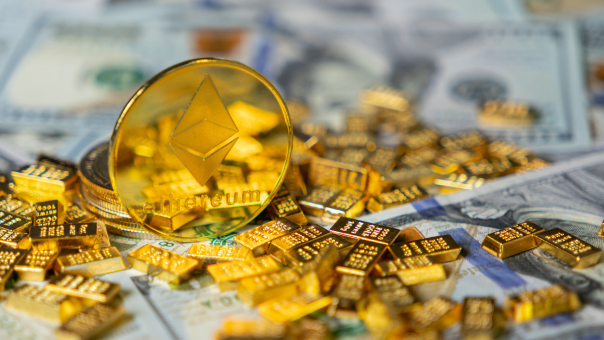 ethereum coin with gold bars and us dollars background, representing cryptocurrency investment and wealth