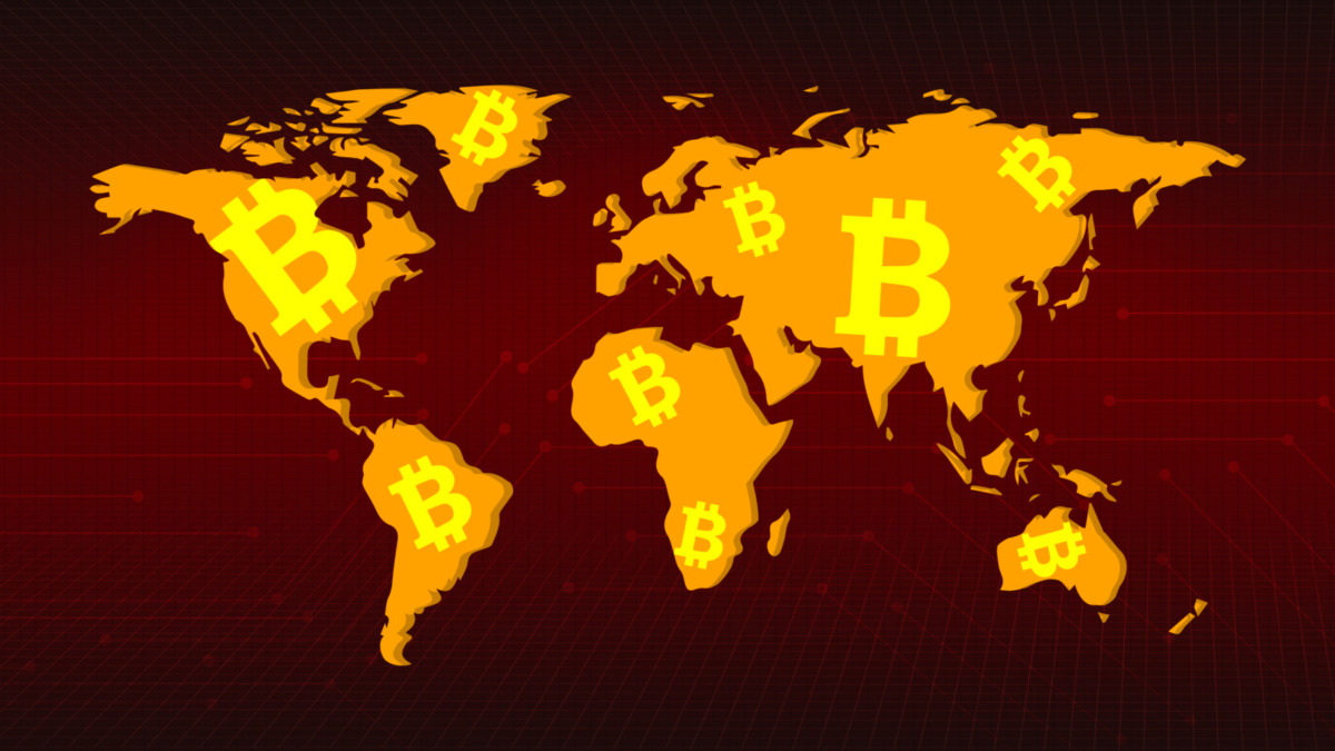 World map with the symbol of Cryptocurrency in Center. Abstract digital currency concept