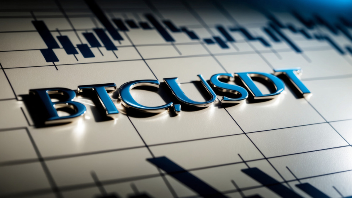 dramatic macro photography closeup of metallic silver text "BTC/USDT" embossed on a creamy white Japanese Candlestick Chart background, with subtle shadows and subtle reflections, showcasing intricate