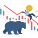 Bitcoin bear market price is down, Cryptocurrency market price is falling sharply, Market volatility, Investment risk, Investors holding Bitcoin coins falling according to the red arrow, Vector.
